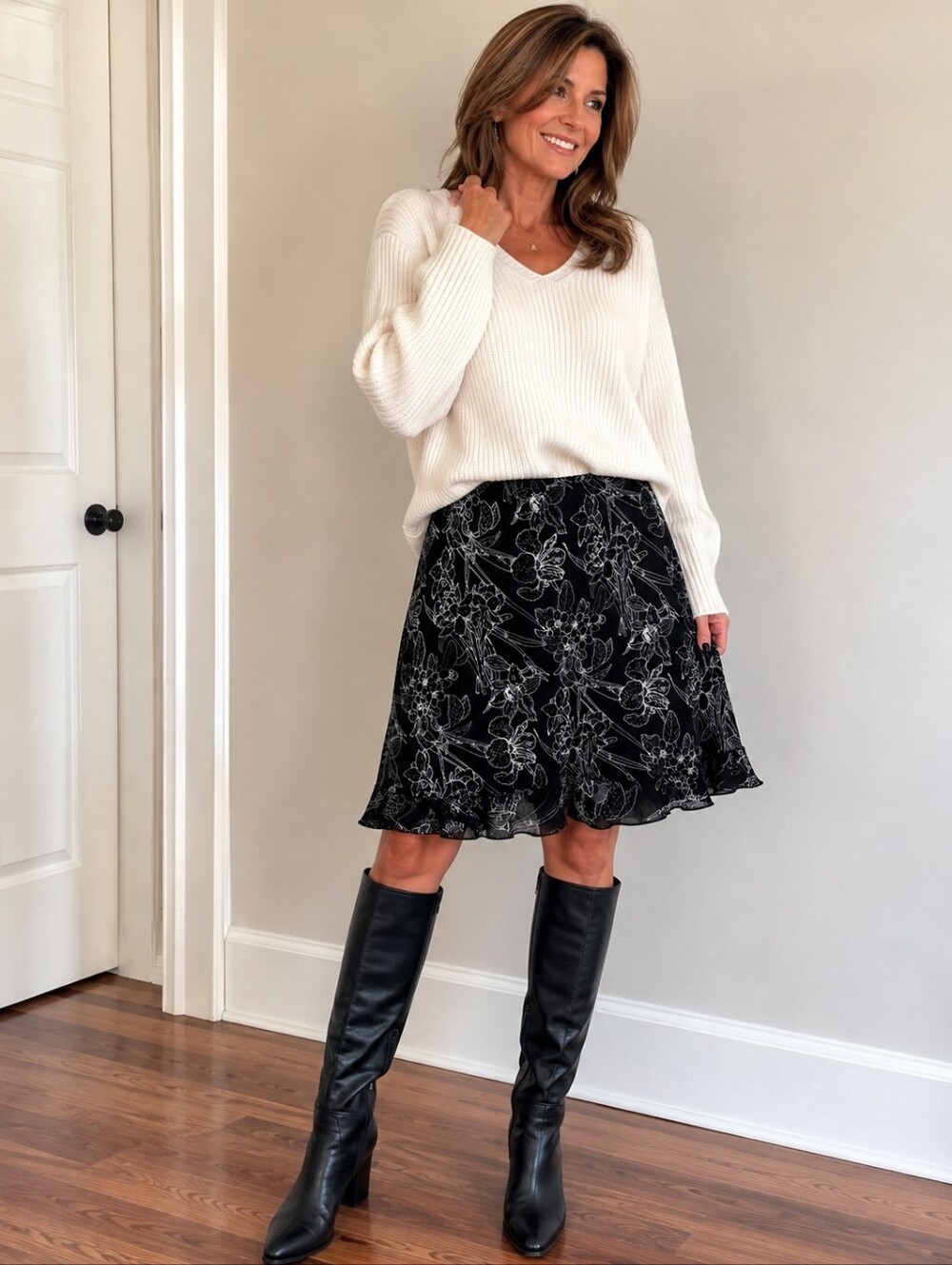 L Petite - Briggs Black White Floral Ruffle Hem Skirt 21"L EUC